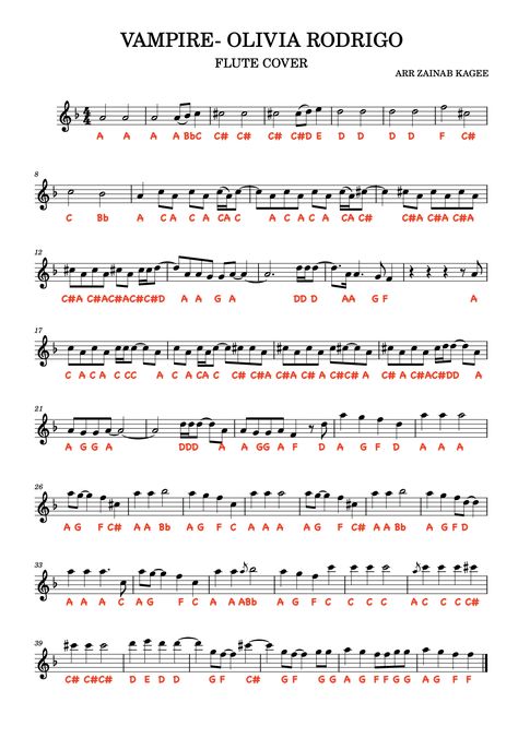 Vampire by Olivia Rodrigo sheet music - flute and c instruments Flute Beginner Music Sheets, Flute Music Sheet With Notes, Flute Sheet Music With Letter Notes, Violin Sheet Music For Beginners With Letters, Careless Whisper Flute Sheet Music, Easy Violin Sheet Music With Letters, Violin Music Sheets Easy, Fun Violin Sheet Music, Flute Sheet Music Beginner