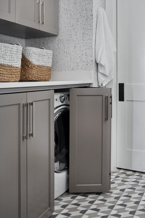 Laundry In Kitchen, Diy Laundry Room, Hidden Laundry, Pantry Laundry Room, Tiny Laundry Rooms, Pantry Laundry, Laundry Cabinets, Laundry Room Closet, Laundry Room Doors