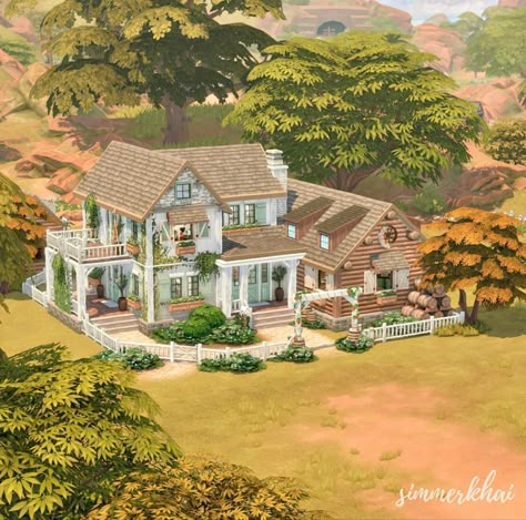 Sims 4 Cottage Farmhouse, Sims Farmhouse Plans, Sims 4 House Plans Layout Cottage, Sims 4 Cottage Mansion, Sims 4 Family Farmhouse, Country Home Sims 4, Sims 4 Large Cottage, Sims 4 House Cottage, Sims 4 English Cottage