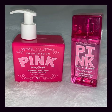 Victoria’s Secret Pink With A Splash Fruity & Bright All Over Body Mist & Drenched In Pink Super Soft Body Lotion 8.4 Fl Oz / 16.9 Fl Oz New, Body Mist Only Sprayed A Few Times Rare & Discontinued Love Pink Outfits Victoria Secret, Victoria Secret Pink 2000s, Victoria Secret 2000s, Y2k Childhood, Early 2010s Aesthetic, Pink Perfume Victoria Secret, Birthday Checklist, Lauren Core, Y2k Victoria Secret