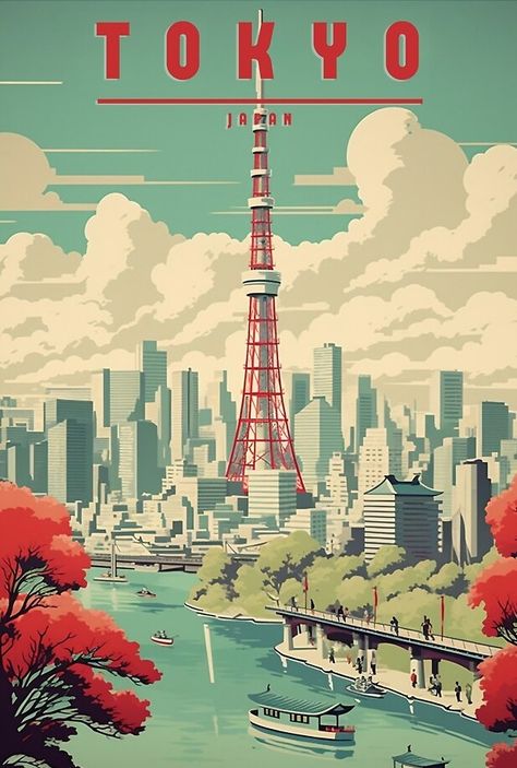 Tokyo Illustration City, Landscape Posters, Japanese Pop Art, Tokyo City, Retro Travel Poster, Tokyo Travel, Japanese Pop, Landscape Poster, Retro Illustration