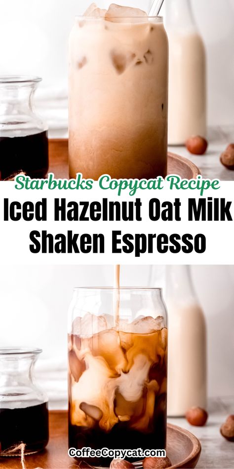 Step into a world of flavor with this brand new winter Starbucks drink the Iced Hazelnut Oat Milk Shaken Espresso at home! Indulge in the rich, deep flavor of freshly brewed espresso, perfectly blended with the creamy sweetness of oat milk and a tantalizing hint of hazelnut. It's a perfect balance of bold and smooth, with just the right touch of sweetness. Perfect for cozy mornings or an afternoon pick-me-up. #winterstarbucksdrink Starbucks Hazelnut Shaken Espresso, Iced Hazelnut Oatmilk Shaken Espresso, Hazelnut Shaken Espresso Starbucks, Hazelnut Oatmilk Shaken Espresso, Oat Milk Shaken Espresso Starbucks, Hazelnut Latte Recipe, Shaken Espresso At Home, Shaken Espresso Starbucks, Oat Milk Shaken Espresso