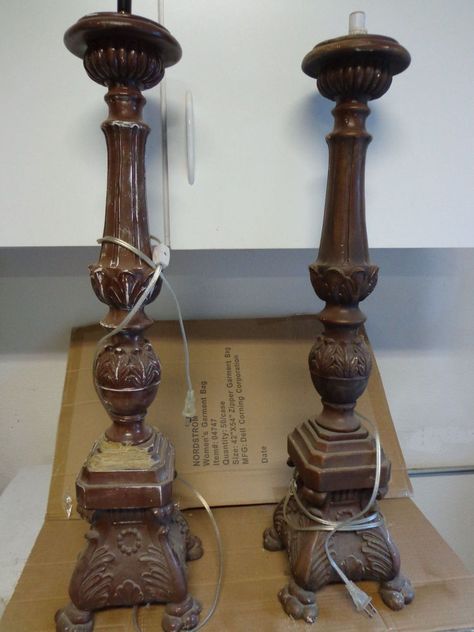 Years ago I stumbled upon a very tall set of French altar style candlestick holders, loved them, and really wanted them but they were $250.00.  There was no way… Candlestick Makeover, Table Leg Candle Holder, Diy Candle Sticks, Garden Diy Ideas, Lamp Makeover, Furniture Flip, Old Candles, Wood Candle Sticks, Tall Candle