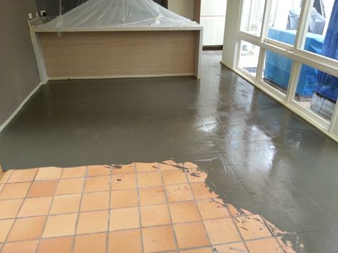 This is an initial skim over a diamond ground tile floor - before being finished with Levelcov Concrete Floor Over Tiles, Polish Tile Floors, Cement Over Tile Floor, Stained Saltillo Tile Floor, Topanga House, Saltillo Tile Floor, Decorative Concrete Floors, Tile Floor Diy, Concrete Floor Coatings