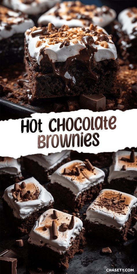 Hot Chocolate Brownies with Marshmallow Frosting [45 Minutes] - Chasety Hot Chocolate Brownie Cookies, Hot Chocolate Squares, Hot Cocoa Baking Recipes, Xmas Brownie Ideas, Hot Chocolate Baking Recipes, Brownie Recipes Christmas, Christmas Desserts Brownies, Chocolate Dessert Christmas, Christmas Brownies Recipe