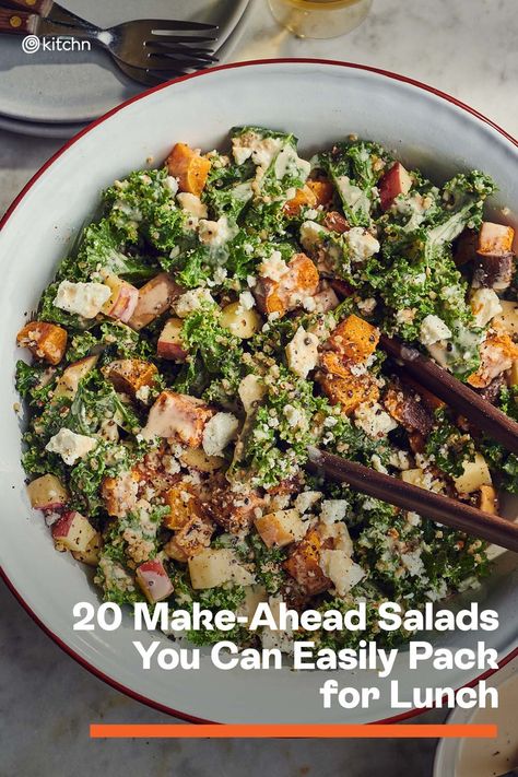 For each of these recipes, we’ve also included a tip for making sure they stay perfectly fresh and don’t wilt before lunchtime rolls around. Usually this is nothing more than packing the dressing on the side, so don’t worry about having to put in extra work. Here are 20 make-ahead salads to prep and eat all week long. #salad #salads #saladrecipes #saladideas #saladrecipe #mealprep #mealprepping #lunchideas Best Lunch Salads For Work, Week Salad Prep, Lunchbox Salads Work Lunches, Meal Prep That Stays Fresh, Hearty Salads For Lunch, Chopped Salads For Lunch, Salad In A Bag Recipes, Lunch Salad Prep For The Week, Easy Salad Prep Work Lunches