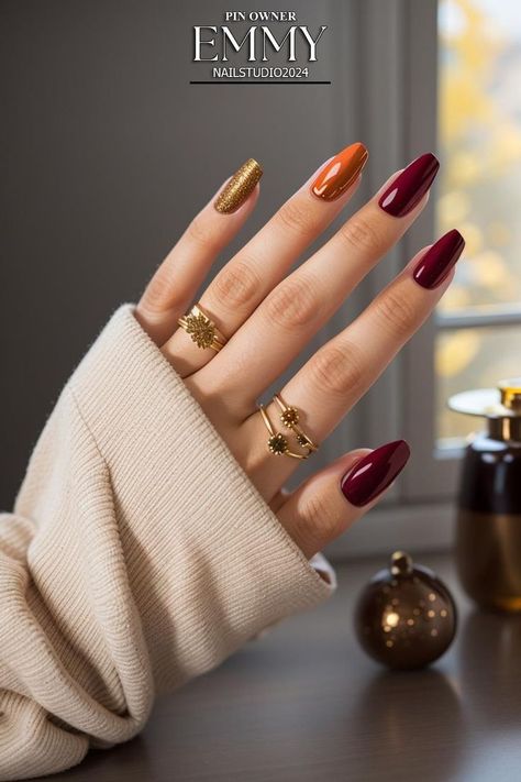 Burgundy And Mustard Nails, Orange And Maroon Nails, Maroon And Orange Nails, Burgundy And Orange Nails, Deep Autumn Nail Colors, Deep Autumn Nails, Dark Orange Nails Fall, Autumn Orange Nails, Orange Nails Autumn