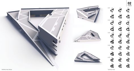 Triangular Architecture Concept, Architecture Concept Model, Mass Study, Triangular Architecture, Architectural Lettering, Mass Building, Conceptual Model Architecture, Form Architecture, Architecture Drawing Presentation