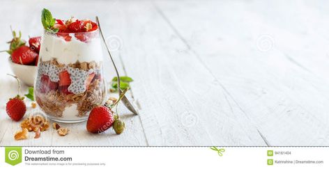 Chia Pudding Strawberry Parfait Stock Photo - Image of berries, chia: 94161404 Chia Pudding Strawberry, Berries And Yogurt, Fage Yogurt, Yogurt Granola, Strawberry Parfait, Vegan Ice Cream Recipe, Desserts In A Glass, Layered Dessert, Fruit Parfait