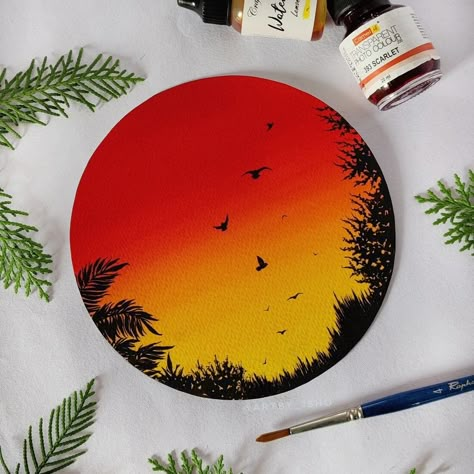 Simple Sunset, Circle Crafts, Easy Mandala Drawing, Circle Canvas, Circle Painting, Cd Art, Watercolor Sunset, Rangoli Designs Images, Contemporary Art Painting