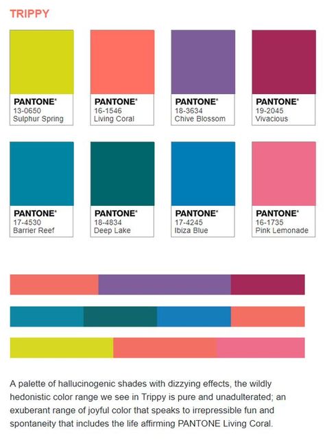 A palette of hallucinogenic shades with dizzying effects, the wildly hedonistic color range we see in Trippy is pure and unadulterated; an exuberant range of joyful color that speaks to irrepressible fun and spontaneity that includes the life affirming PANTONE Living Coral. Color Harmonies, Pantone Color Chart, Color Tips, Porch Colors, Hex Color Palette, Living Coral, Life Affirming, Brand Color Palette, Color Palette Design