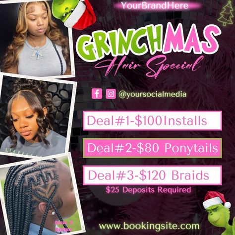 Business Flyers Ideas Creative, Hair Sale Flyer Ideas, Christmas Hair Sale Flyer, Flyers For Hairstylist, Christmas Hair Flyers Ideas, Hairstylist Tips For Clients, Hair Promotion Flyers, Hair Deals Flyer, Christmas Sales Ideas