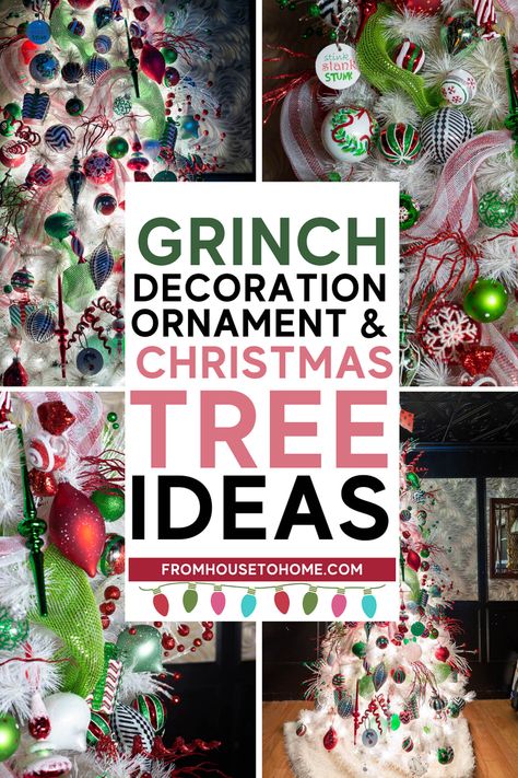 If you're looking for a creative Christmas tree theme, these Grinch Christmas tree decorations may be just what you're looking for! The red, white and green colors are so cheerful! Diy Grinch Christmas Tree Topper, Diy Grinch Christmas Tree, Grinch Christmas Tree Ideas, Grinch Tree Topper, Grinch Christmas Tree Topper, A Grinch Christmas, Mickey Mouse Christmas Tree, Diy Grinch, Grinch Tree