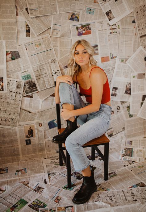 Senior Picture Themes, Chair Photoshoot, Newspaper Photoshoot, Western Photoshoot Ideas, Chair Poses, Newspaper Photo, Western Photoshoot, Dance Magazine, Western Photography