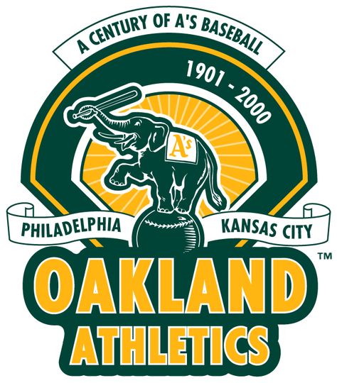 Oakland Athletics Anniversary Logo (2000) - 100th Anniversary of the Athletics Franchise Baseball Teams Logo, Oakland A’s, Sports Flags, Free Logo Design, Baseball Pitching, Mlb Logos, Custom Banner, Sports Team Logos, Anniversary Logo