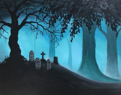 Dirt Nap in the Woods - grave painting Halloween Painting Landscape, Spooky Woods Painting, Grave Yard Painting, Graveyard Painting Easy, Grave Yard Drawing, Grave Painting, Cemetery Painting, Graveyard Painting, Long Painting