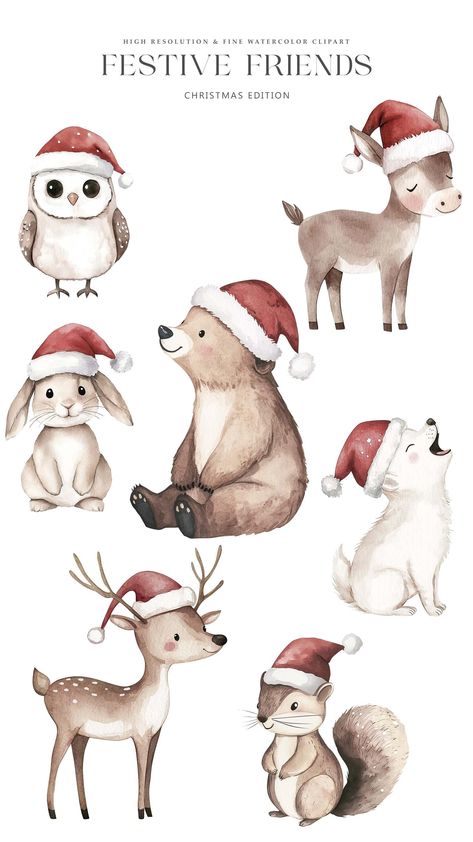 Cute Winter Animals Illustration, Christmas Illustration Animals, Cute Christmas Animals Drawings, Christmas Animal Illustration, Christmas Animal Art, Christmas Deer Drawing, Christmas Cute Art, Winter Animals Drawing, Cute Reindeer Drawing