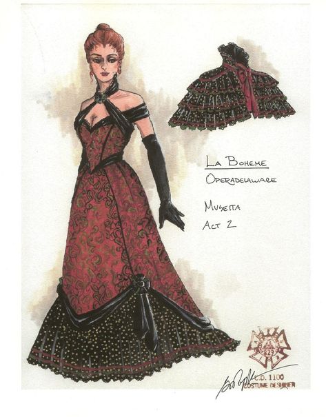 La Boheme (Musetta). OperaDelaware. Costume design by Gregory A. Poplyk. Rendering Styles, Drag Clothing, Costume Renderings, Costume Design Sketch, 1800s Fashion, Drawing Examples, Custom Costumes, Tattoos Animals, Theatre Costumes