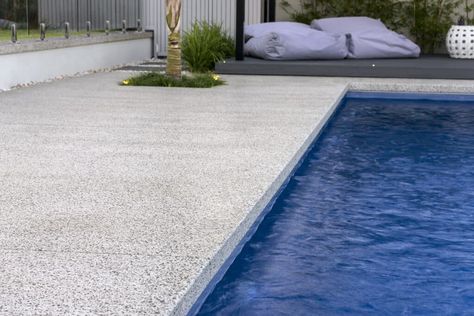 Ideas For Pool Area, Exposed Aggregate Pool, Pool Area Landscaping, Pool Decking Concrete, Around The Pool Landscaping, Barrier Reef Pools, Honed Concrete, Pool Surrounds, Pool Paving