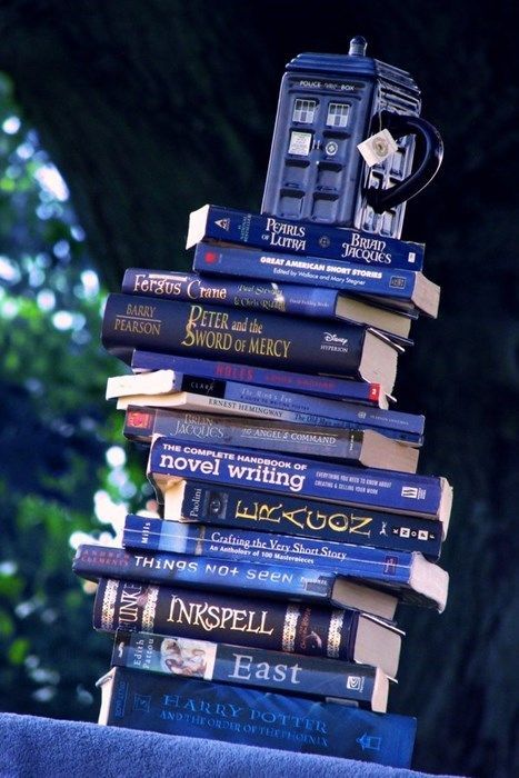 I like this picture for vague and undefined reasons. Maybe it's because I own that mug and a plurality of those books. Can you even use "plurality" in this situation? Whatever. I just did. Anyway. I like it. Books And Tea, Tardis Blue, Rhapsody In Blue, Time Lord, Wibbly Wobbly Timey Wimey Stuff, Timey Wimey Stuff, Blue Books, Novel Writing, Stack Of Books