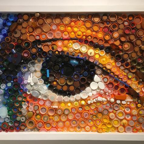 Mary Ellen Croteau's latest work created from repurposing plastic bottle caps is on view at ZIA Gallery. #recycledart #recycling… Recycled Artwork, Cork Design, Plastic Bottle Caps, Andy Goldsworthy, Plastic Bottle Art, Recycled Art Projects, Bottle Cap Art, Mosaic Madness, Trash Art