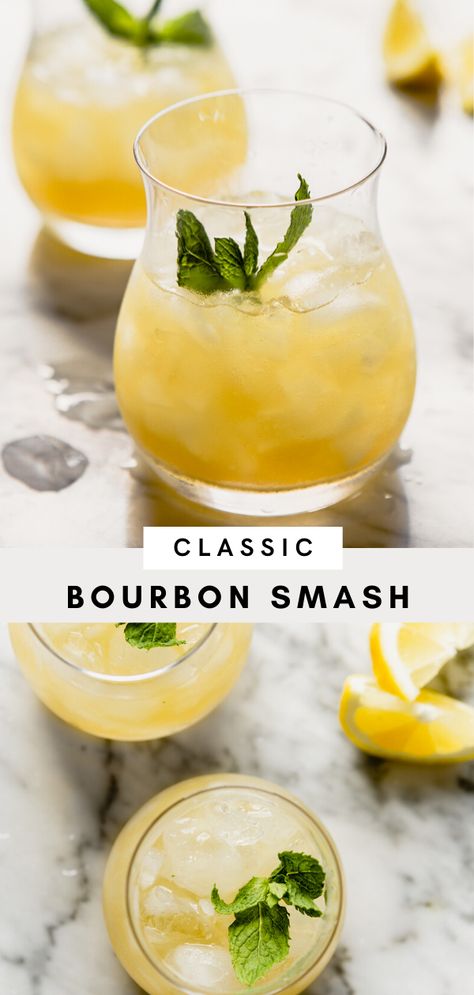 Bourbon Smash Recipe, Bourbon Basil Smash, Whiskey Mint Cocktail, Light Bourbon Cocktails, Bourbon Drinks Easy, Mint Syrup Cocktail, Mint Simple Syrup Cocktails, Lemon Bourbon Cocktail, Lemon Mint Cocktail