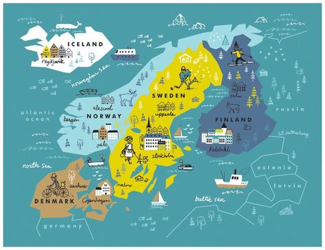 Maps Design, Wit And Delight, Scandinavian Countries, Scandinavia Travel, Nordic Countries, Voyage Europe, Scandinavian Interior Design, Petersburg Russia, Illustrated Map