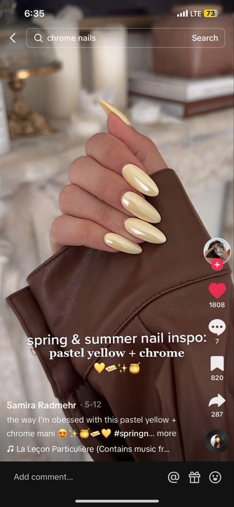 Buttercream Yellow Chrome Nails, Milk And Honey Nails, Banana Chrome Nails, Yellow Nails With Pearls, Pale Yellow Nails With Chrome, Pastel Yellow Nails Chrome, Crome Yellow Nails, Light Yellow Nails With Chrome, Summer Nail Ideas Solid Color