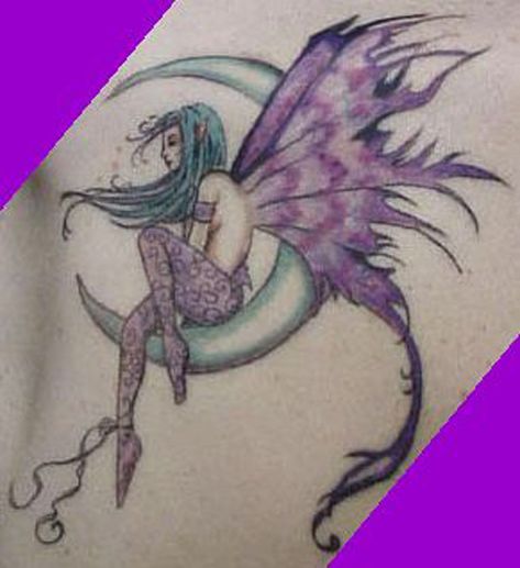 fairy tattoos | beautiful fairy moons and star tattoos for women Gothic Fairy Tattoo, Fairy Tattoos, Tatoo 3d, Fairy Sitting, Petit Tattoo, Purple Fairy, Kunst Tattoos, Fairy Tattoo Designs, Fairy Drawings