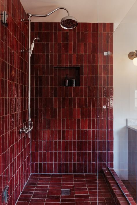 Upstate Down - The Well House Dark Red Tile Bathroom, Red Tiled Bathroom, Maroon Tile Bathroom, Oxblood Bathroom, Red Tiles Bathroom, Dark Red Bathroom, Plum Bathroom Ideas, Stand Up Shower Ideas, Burgundy Tile