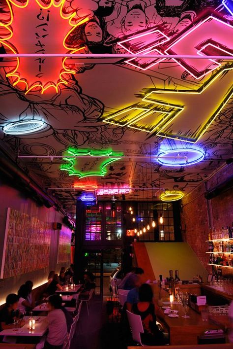 Located in NYC, Tokyo Bar is covered with Japanese Manga illustrations and neon lights. The little restaurant has specialized in Japanese-style Western food. Kashiwa Sato created the branding, love it.: Manga Cafe, Tokyo Bar, Japanese Bar, Bloc Party, Nyc Bars, Bar Interior, Bar Design Restaurant, Cafe Interior Design, Gongs