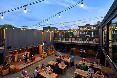 Urban Gathering Space, Beer Garden Design, Beer Garden Ideas, Shipping Container Restaurant, Outdoor Restaurant Patio, Container Home Designs, Container Restaurant, Container Cafe, Outdoor Restaurant Design