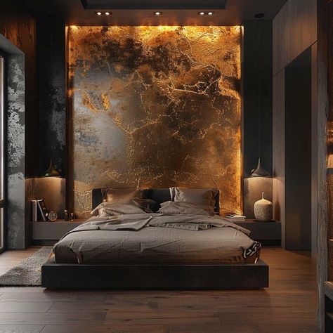 10+ Ideas for Painting Bedroom Walls for a Chic Industrial Look • 333+ Art Images Black Copper Bedroom, Industrial Wall Design Ideas, Bedrooms With Dark Walls, Modern Patina Wall, Bedroom Headboard Wall Ideas, Painting Bedroom Walls, Headboard Wall Ideas, Male Room Ideas Masculine Bedrooms, Hotel Room Ideas