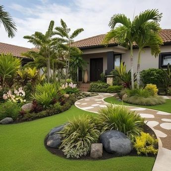 Landscape Ideas For Front Yard, Landscape Ideas For Front Of House, Front House Garden Ideas, Dream Garden Modern, Front Yard Designs, Luxury Landscape Design, Dream Garden Backyards, Front Lawn Landscaping, Florida Landscaping