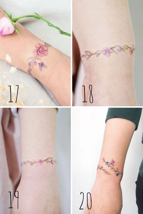 27 Flower Wrist Tattoo Ideas For Bracelet Tattoos - tattooglee Armband Tattoo Frau, Tattoos Pulseras, Braclet Tattoo, Tato Lengan Bawah, Bracelet Tattoo For Man, Stammestattoo Designs, Tatuaje Cover Up, Wrap Around Wrist Tattoos, Wrist Band Tattoo