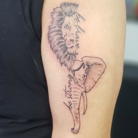 Lion And Elephant Tattoo, Half Elephant Tattoo, Elephant Tattoos Men, Realistic Elephant Tattoo, Lion And Elephant, Unique Half Sleeve Tattoos, Tattoos For Women Half Sleeve, Forearm Tattoo Women, Medusa Tattoo