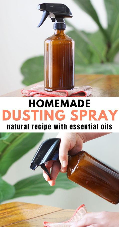 This homemade dusting spray with essential oils is an effective natural cleaner that will give your wood furniture a beautiful shine.  It’s quick to make your own non-toxic DIY dusting spray to avoid any artificial fragrances and harmful chemicals commonly found in store-bought cleaning sprays. Diy Pledge Cleaner, Herbal Cleaning Recipes, Diy Cleaners With Essential Oils, Homemade Cleaners Recipes Diy, Anti Dust Spray Diy, Home Made Cleaners Recipes, Home Made Cleaning Spray, Homemade Non Toxic Cleaning Products, Diy Dust Repelling Spray