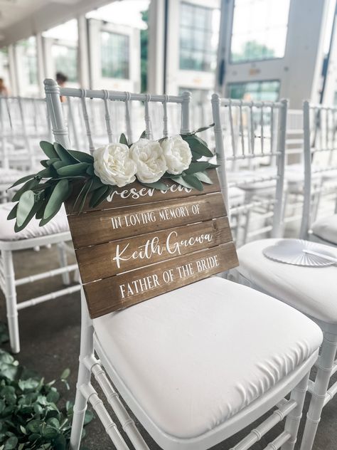 I’m Loving Memory Wedding Chair, Honor Chair Wedding, Remberance Wedding Ideas, Ceremony Memorial Chair, Wedding In Remembrance, Chair Saved For Someone In Heaven Wedding, This Seat Is Saved For Someone In Heaven, Wedding Chair Memorial Ideas, Saved Seats For Passed Loved Ones