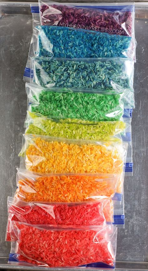 How to Color Rice for Sensory Bins Colored Rice Activities, Color Rice Diy, How To Color Rice With Food Coloring, Sensory Rice Food Coloring, Easy Activities For Kindergarteners, Coloring Rice With Food Coloring, How To Color Rice, How To Color Rice For Sensory Bin, Color Activities For Infants