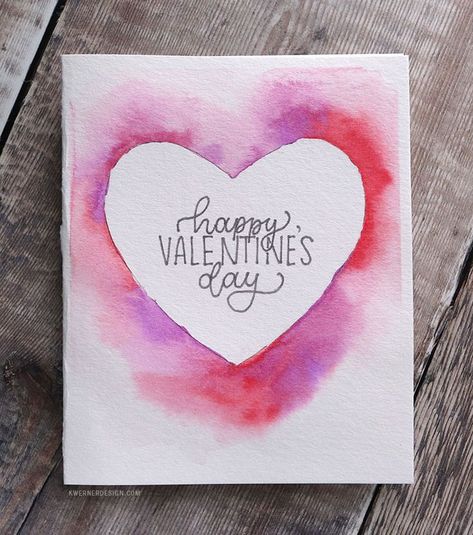 DIY Easy Valentine’s Day Card (Minimal supplies required) – kwernerdesign blog (ims3, wc7) Valentines Day Cards Diy, Valentines Bricolage, Valentines Day Cards Handmade, Valentines Watercolor, Diy Valentines Cards, Simple Watercolor, Valentine Cards Handmade, Watercolor Card, Cat Valentine