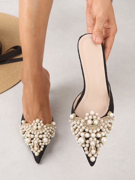 Black Fashionable    Plain Mules Embellished   Women Shoes Pearl Decor, Heel Mules, Pearl And Lace, Ankle Strap Pumps, Shoe Lover, Beautiful Shoes, Cute Shoes, Women's Pumps, Types Of Shoes