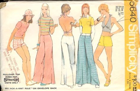 Halter Top Sewing Pattern, Sewn Clothes, 70s Sewing Patterns, Halter Bra Top, Halter Pattern, 1970s Sewing Patterns, Elephant Pants, Bell Pants, Retro Tops