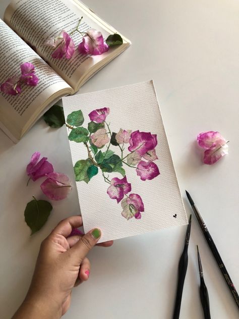 Bougainvillea painted with gouache In cold pressed paper. Pressed Flower Watercolor, Bougainvillea Painting Watercolors, Bougainvillea Embroidery, Watercolour Bougainvillea, Bougainvillea Art, Bougainvillea Painting, Bougainvillea Watercolor, Gouache Florals, Simple Easy Painting Ideas