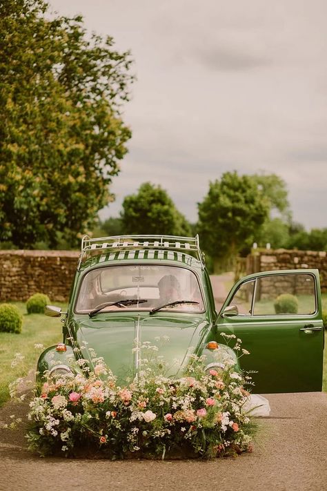 Accessible & inclusive wedding inspiration for a wheelchair-using bride. Featuring this flower-bombed vintage wedding car, rustic wedding venue decor and beautiful bridal fashion. Image by Ruby Walker Photography. #inclusiveweddings #accessibleweddings #disabledbride #vintageweddingcar #wildweddingflowers Vintage Car Flower Decor, Wedding Car Deco, Vintage Car Decor, Rustic Romantic Wedding, Wedding Venue Decor, Vintage Wedding Car, Wedding Transport, Car Wedding, Vintage Car Wedding