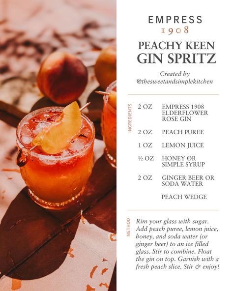 Gin Ingredients, Empress 1908 Gin, Gin Recipes, Gin Cocktail Recipes, Juicy Peach, Gin Drinks, Peach Puree, Yummy Alcoholic Drinks, Peachy Keen