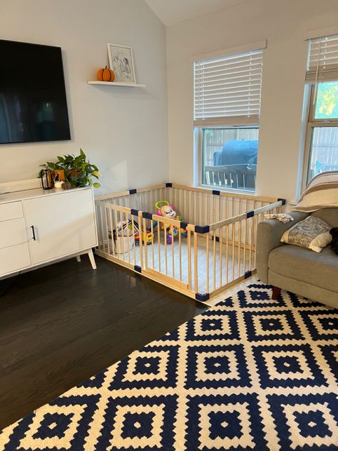 Play Area For Small Spaces, Nursery With Play Area, Playpen In Small Living Room, Living Room Playpen, Playpen Ideas Living Rooms, Small Apartment Play Area, Play Pin Ideas, Playpen Living Room, Play Pen In Living Room