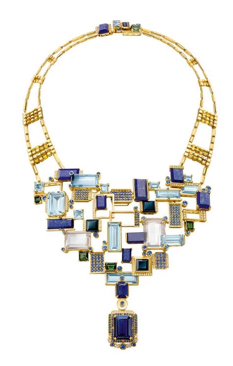 Chow Tai Fook's Reflections of Siem Halcyon necklace, with emerald-cut aquamarines, lapis lazuli, tourmalines and blue sapphires mounted to resemble the floating villages on Lake Tonlé Sap, forms part of the Chinese jeweller's fourth annual collection of high jewellery #fk #fashionkiosk #jewelry #necklace #gemstones #colors Bijoux Art Nouveau, High Jewellery, Sapphire Necklace, Bijoux Diy, High Jewelry, Modern Jewelry, Necklace Designs, Emerald Cut, Lapis Lazuli