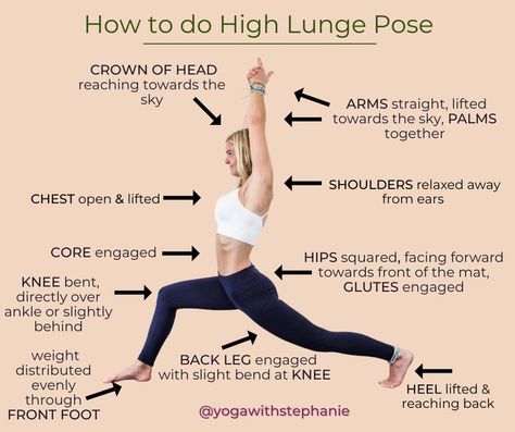 Want to feel strong, energized, and balanced? Then try High Lunge pose! This dynamic yoga pose is a great way to build strength in your legs, glutes, hips, and core while stretching the ankles, calves, hamstrings and hip flexors. High Lunge pose is perfect for anyone wanting to work on their balance and flexibility and is a great pose to help alleviate knee and lower back pain. This pose can be done by yogis of all levels, from beginners to advanced practitioners. #yoga #yogapose #highlunge Strong Knees, Dynamic Yoga, Chest Opening, Hip Flexors, Yoga School, Yoga Therapy, Build Strength, Lower Back Pain, Face Forward