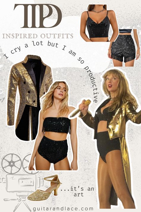 "I can do it with a broken heart" Eras Tour Outfit. gold tailcoat jacket, black sparkly matching set. TTPD outfit ideas. Tortured Poets Department Outfits Eras Tour, Tortured Poets Eras Tour Outfit, Tortured Poets Department Outfit, Ttpd Eras Tour Outfits, Reputation Eras Tour Outfit Ideas, Ttpd Outfit Ideas, Eras Tour Ideas, Folklore Fairy, Concert Oufit