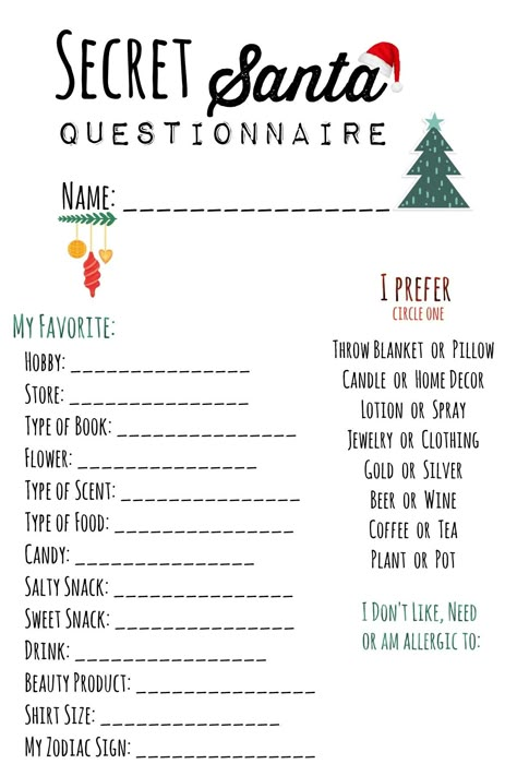 Secret Santa Printable, Secret Santa Questions, Work Secret Santa, Secret Santa Questionnaire, Secret Santa Christmas Gifts, Santa Printable, Work Christmas Party, Secret Pal, Christmas Gift Exchange